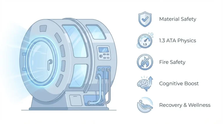 Featured image for home HBOT buyer guide showing a vertical hyperbaric chamber illustration alongside five safety and analysis icons covering material safety, 1.3 ATA physics, fire prevention, ROI analysis, and toxicity risks
