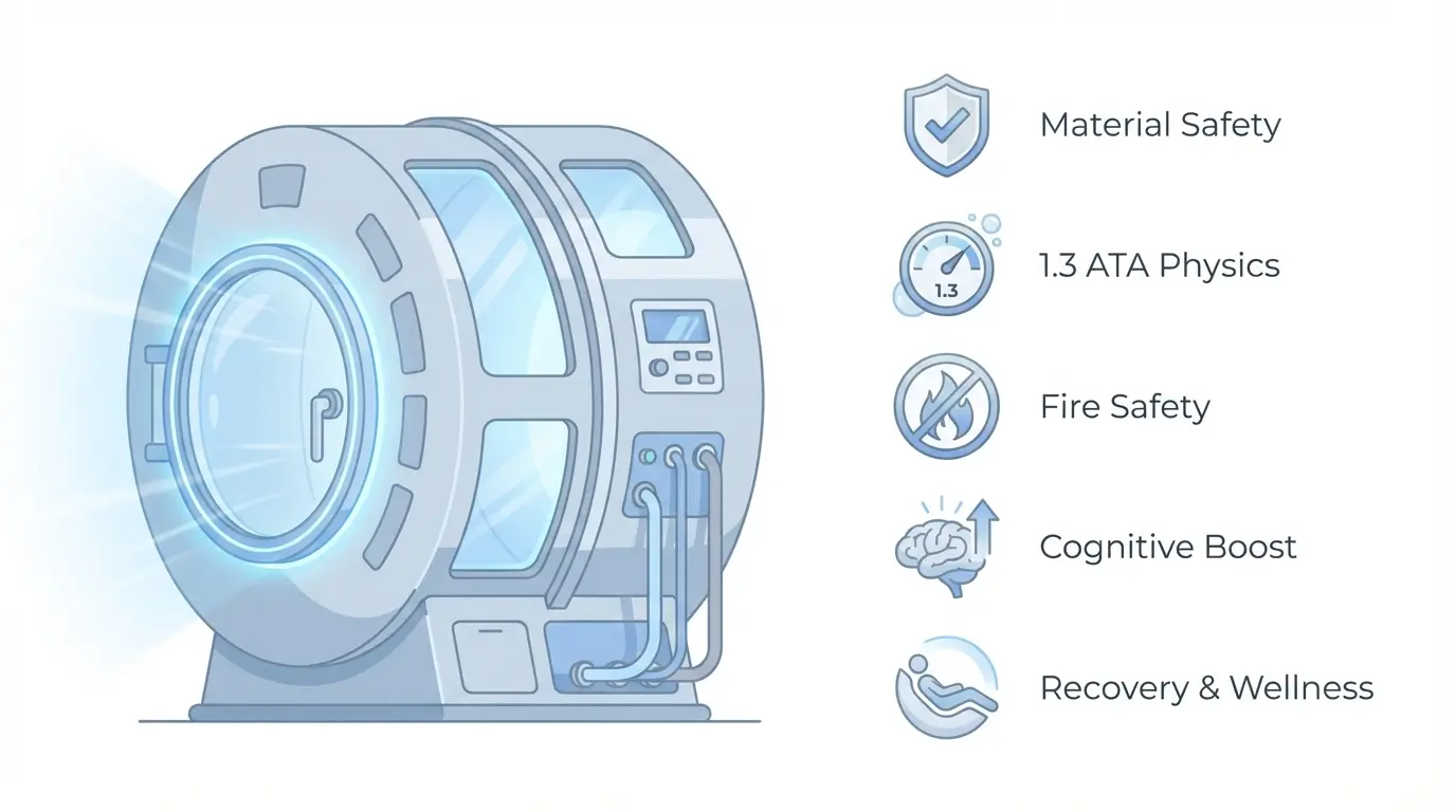 Featured image for home HBOT buyer guide showing a vertical hyperbaric chamber illustration alongside five safety and analysis icons covering material safety, 1.3 ATA physics, fire prevention, ROI analysis, and toxicity risks