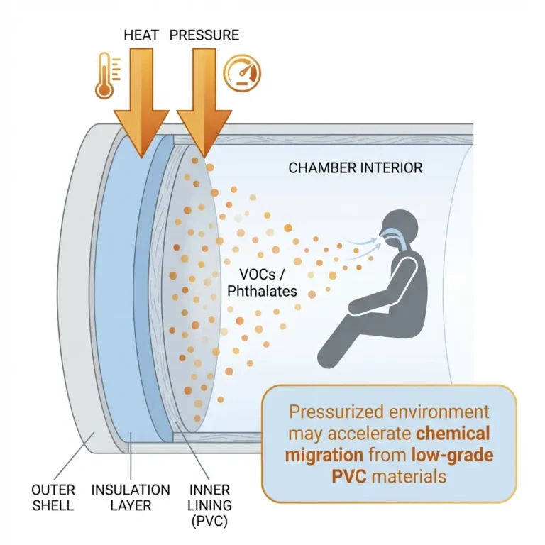 Cross-section diagram showing how heat and pressure inside a hyperbaric chamber accelerate phthalate and VOC off-gassing from low-grade PVC chamber walls into breathing air