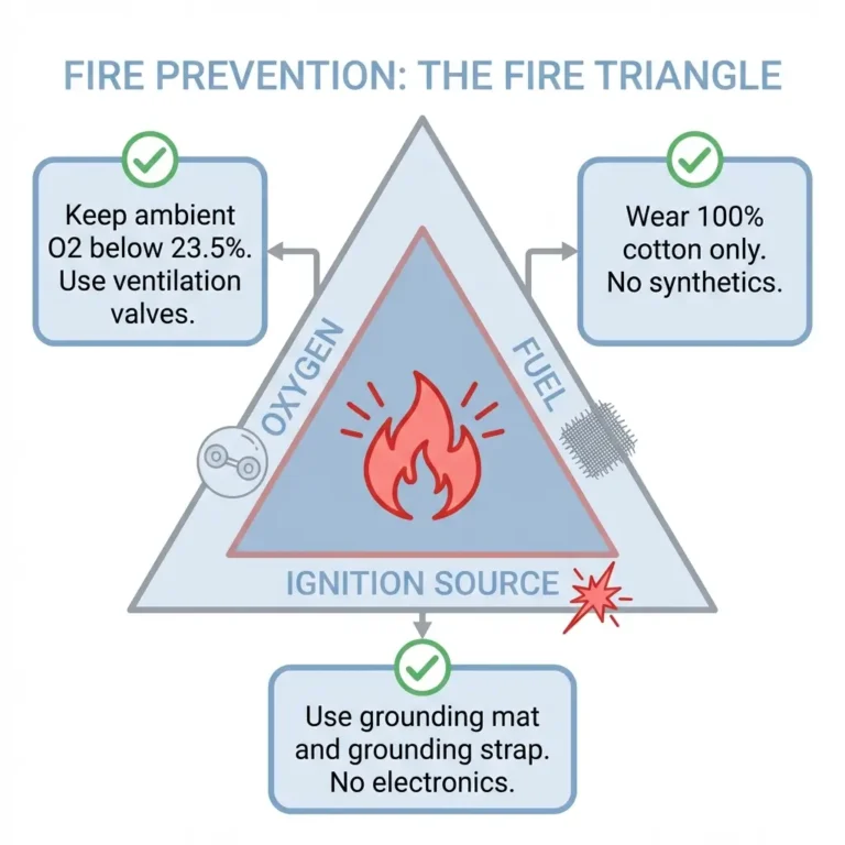 Fire safety triangle diagram for hyperbaric chambers showing oxygen, fuel, and ignition source risks with corresponding prevention measures including ventilation, cotton clothing, and grounding