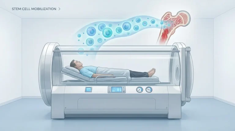 A patient lies inside a cylindrical hyperbaric oxygen chamber in a clinical setting. The transparent chamber allows visibility of the patient receiving 100% oxygen treatment. Stylized stem cells are depicted flowing through the bloodstream toward bone marrow, representing the enhanced engraftment process.