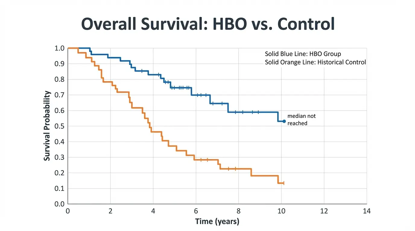 Kaplan-Meier survival curve showing overall survival over 14 years for two patient groups. The blue line represents 19 patients who received hyperbaric oxygen therapy before transplant. The gray line represents 225 historical control patients. Both lines start at 100% survival and decline over time. The HBO group line remains higher throughout, ending at approximately 53% survival at 10 years. The control group crosses the 50% survival mark at 9 years. The difference between groups was not statistically significant (p=0.59).