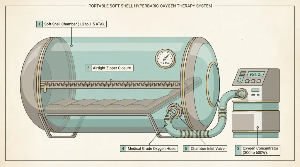 Annotated diagram of a home soft shell hyperbaric chamber showing the chamber body, zipper seal, oxygen concentrator, medical-grade tubing, and pressure relief valve