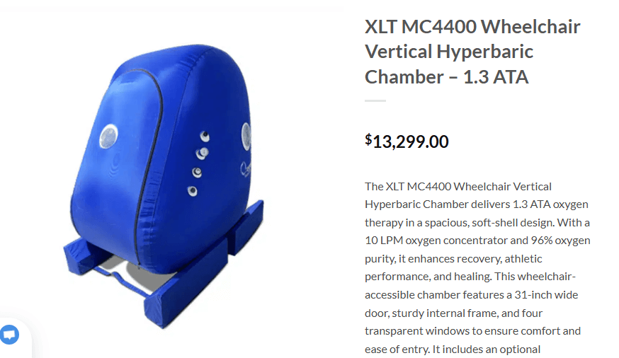 XLT MC4400 vertical hyperbaric chamber with wide side door open, showing wheelchair-accessible entry and four viewing windows