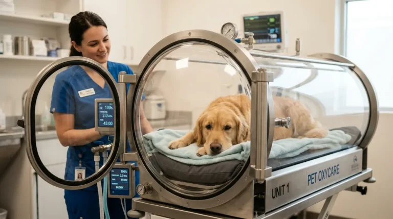 Golden retriever resting calmly inside a veterinary hyperbaric oxygen therapy chamber while a technician monitors through the acrylic window