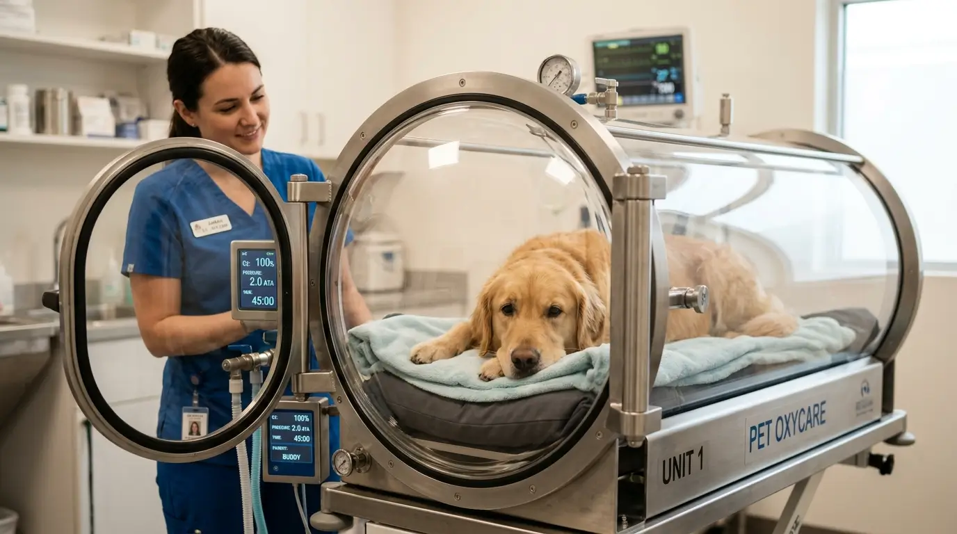 Golden retriever resting calmly inside a veterinary hyperbaric oxygen therapy chamber while a technician monitors through the acrylic window