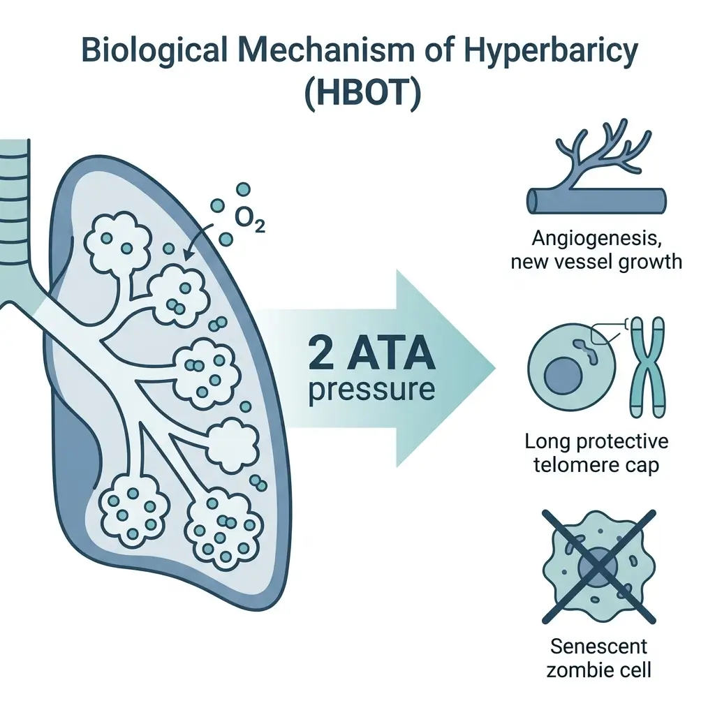 Infographic showing how hyperbaric oxygen therapy affects telomeres, blood vessels, and senescent cells
