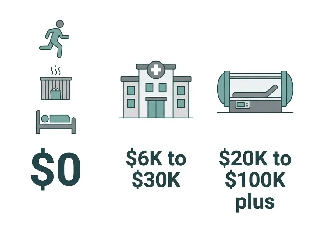 Cost comparison of HBOT alternatives from free activities to home chamber purchase