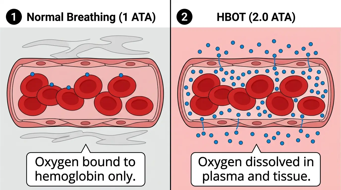 "Infographic comparing oxygen delivery at normal atmospheric pressure versus hyperbaric pressure, showing how dissolved oxygen in plasma reaches damaged tissue during HBOT