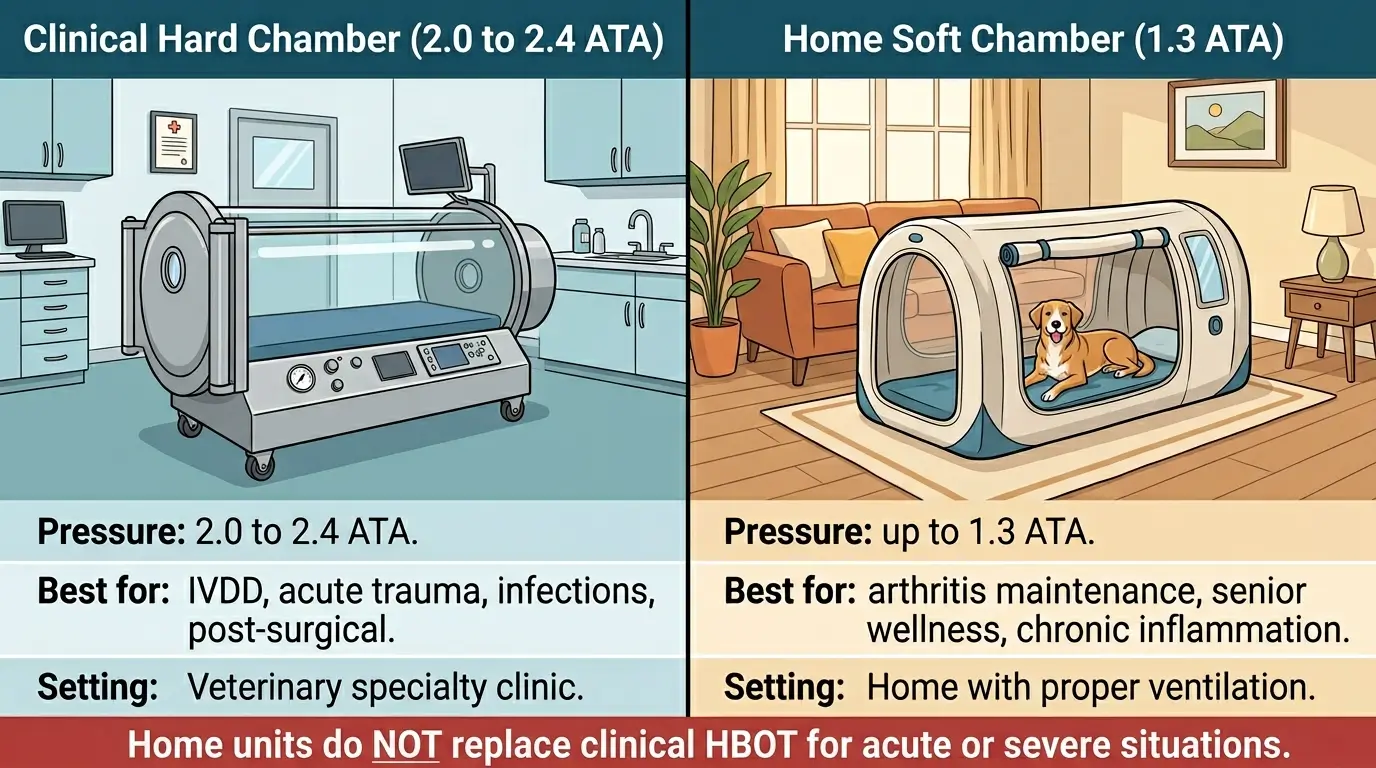 Side-by-side comparison of a clinical hard hyperbaric chamber at 2.0-2.4 ATA versus a home soft chamber at 1.3 ATA for dogs
