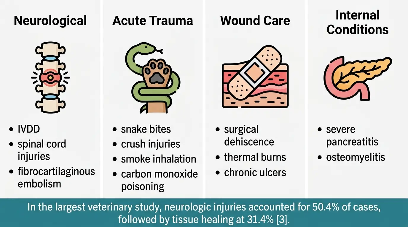 Chart showing four categories of conditions treated by hyperbaric oxygen therapy in dogs: neurological, acute trauma, wound care, and internal conditions