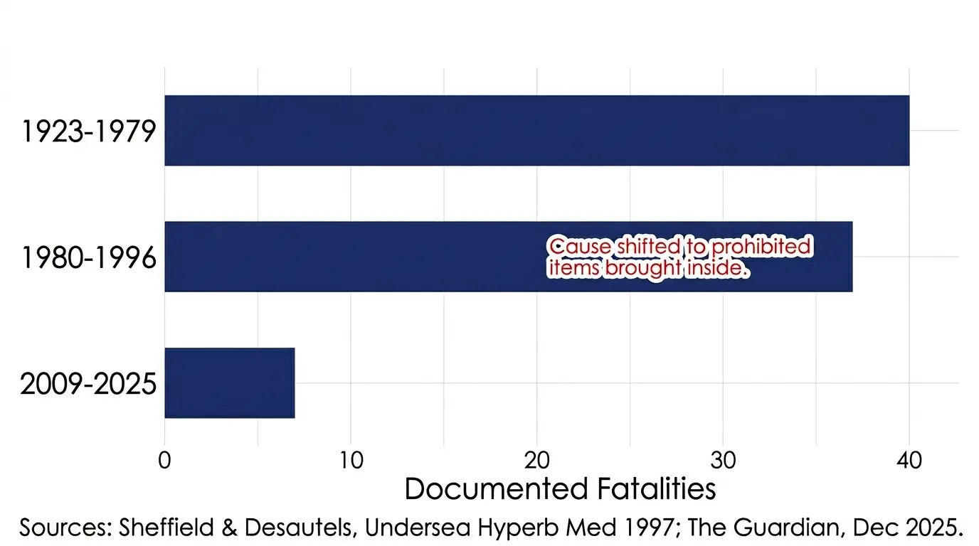 Horizontal bar chart showing hyperbaric chamber fire fatalities by era with approximately 40 deaths from 1923 to 1979, approximately 37 deaths from 1980 to 1996, and 7 deaths from 2009 to 2025