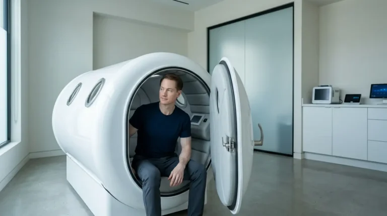Bryan Johnson sitting in Hard-shell hyperbaric oxygen therapy chamber in a clinical setting used for longevity protocols