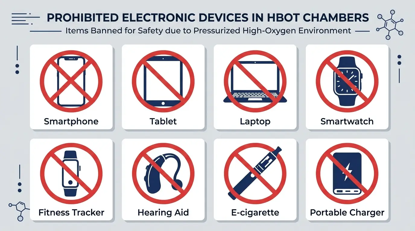 Grid of 8 prohibited electronic devices in a hyperbaric chamber including smartphone, tablet, laptop, smartwatch, fitness tracker, hearing aid, e-cigarette, and portable charger, each with a red prohibition symbol