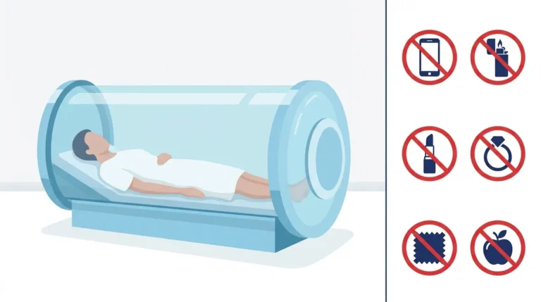 Featured image showing a flat-vector illustration of a hyperbaric oxygen therapy chamber on the left and six prohibited items with red prohibition symbols on the right, including a smartphone, lighter, lipstick, ring, synthetic fabric, and food