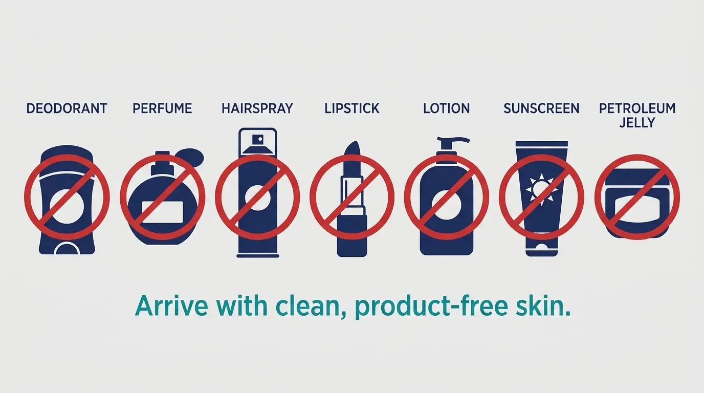 Row of 7 prohibited personal care products in a hyperbaric chamber including deodorant, perfume, hairspray, lipstick, lotion, sunscreen, and petroleum jelly, each with a red prohibition symbol