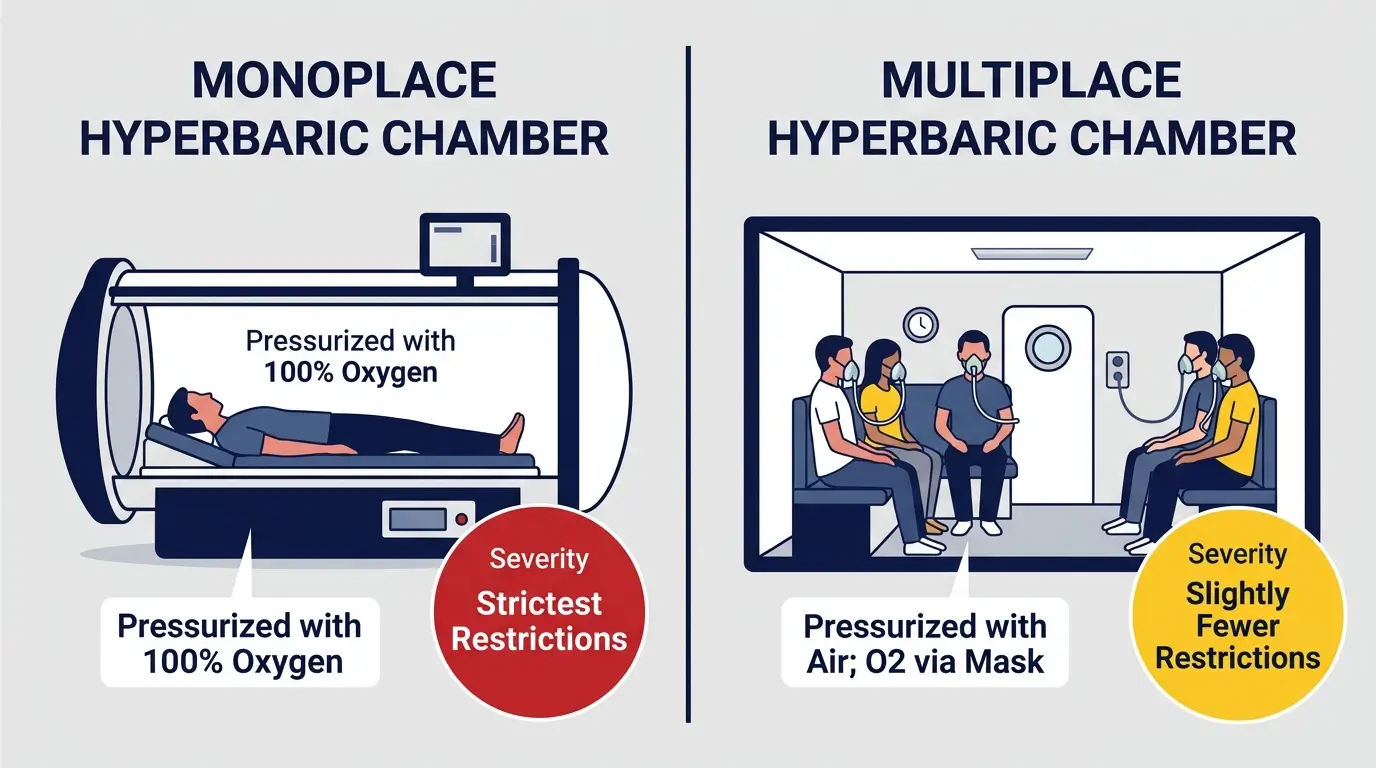 Side-by-side comparison of a monoplace hyperbaric chamber pressurized with 100 percent oxygen and a multiplace chamber pressurized with air, showing that monoplace chambers have stricter prohibited item restrictions