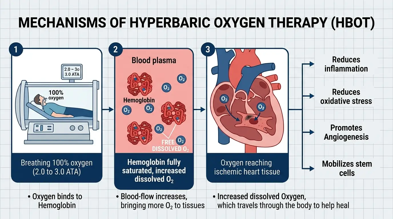 Four-panel flowchart showing how hyperbaric oxygen therapy increases dissolved plasma oxygen, delivers it to ischemic heart tissue, and triggers anti-inflammatory and pro-angiogenic biological pathways.
