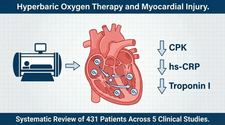 Infographic showing a hyperbaric oxygen chamber delivering oxygen to a human heart, with arrows indicating reductions in CPK, hs-CRP, and Troponin I biomarkers based on a systematic review of 431 patients
