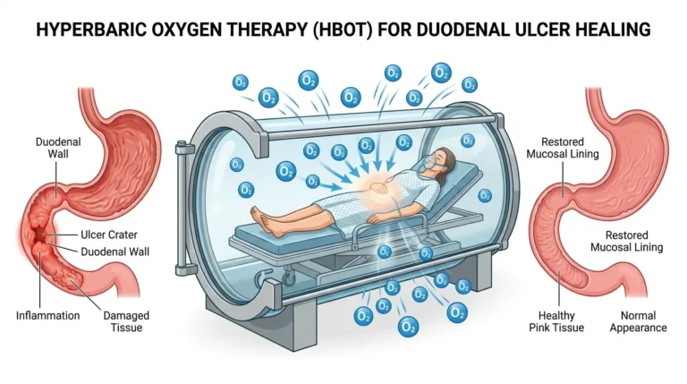 Illustration of hyperbaric oxygen therapy chamber treating a duodenal ulcer caused by stereotactic radiation in a Croatian hospital