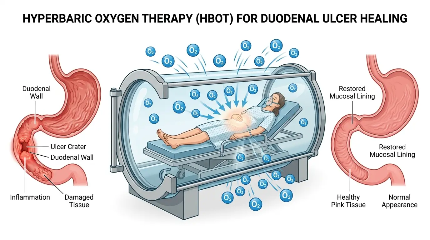 Illustration of hyperbaric oxygen therapy chamber treating a duodenal ulcer caused by stereotactic radiation in a Croatian hospital