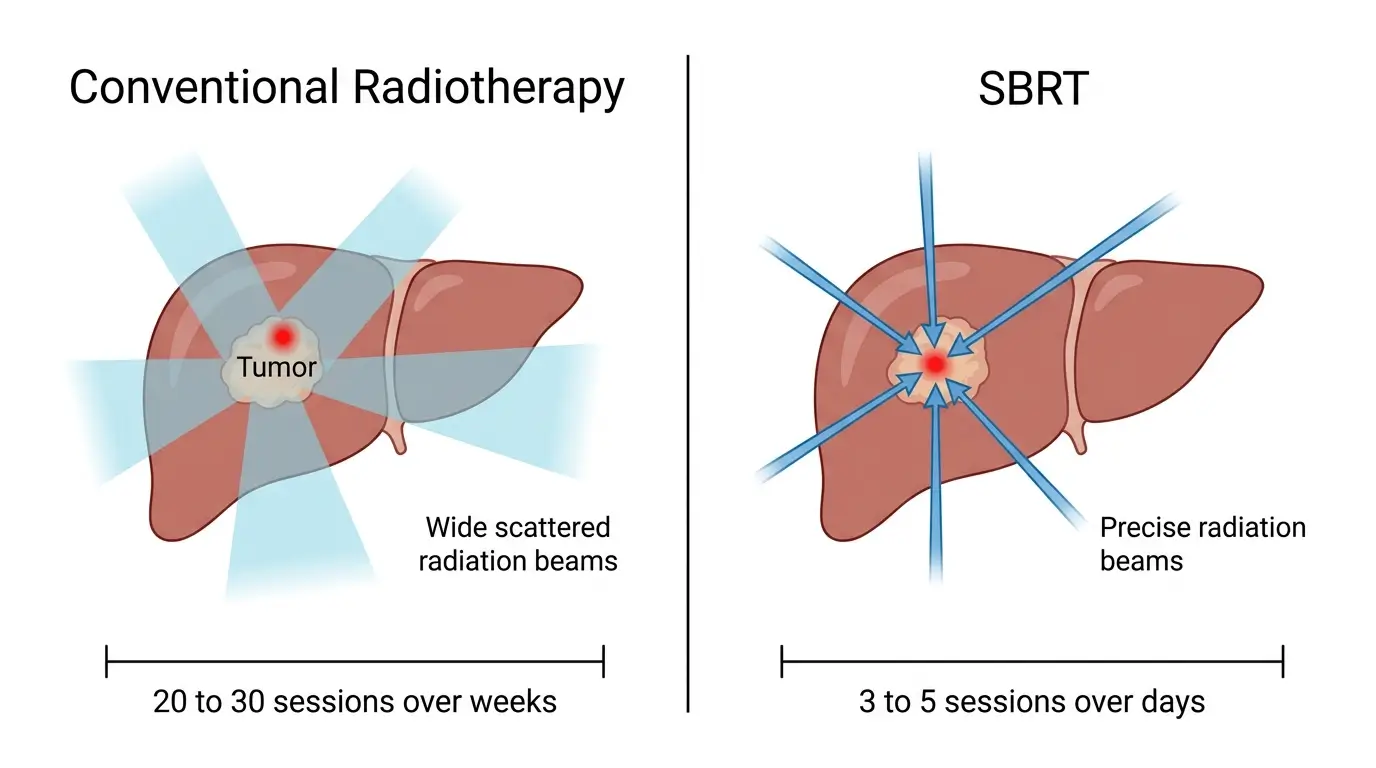  Infographic comparing conventional radiotherapy with stereotactic body radiotherapy showing precision differences and treatment timelines