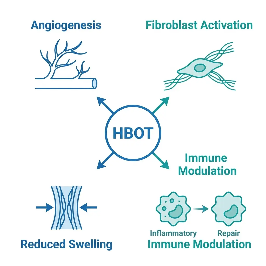 Infographic showing four mechanisms of hyperbaric oxygen therapy including angiogenesis fibroblast activation reduced swelling and immune modulation