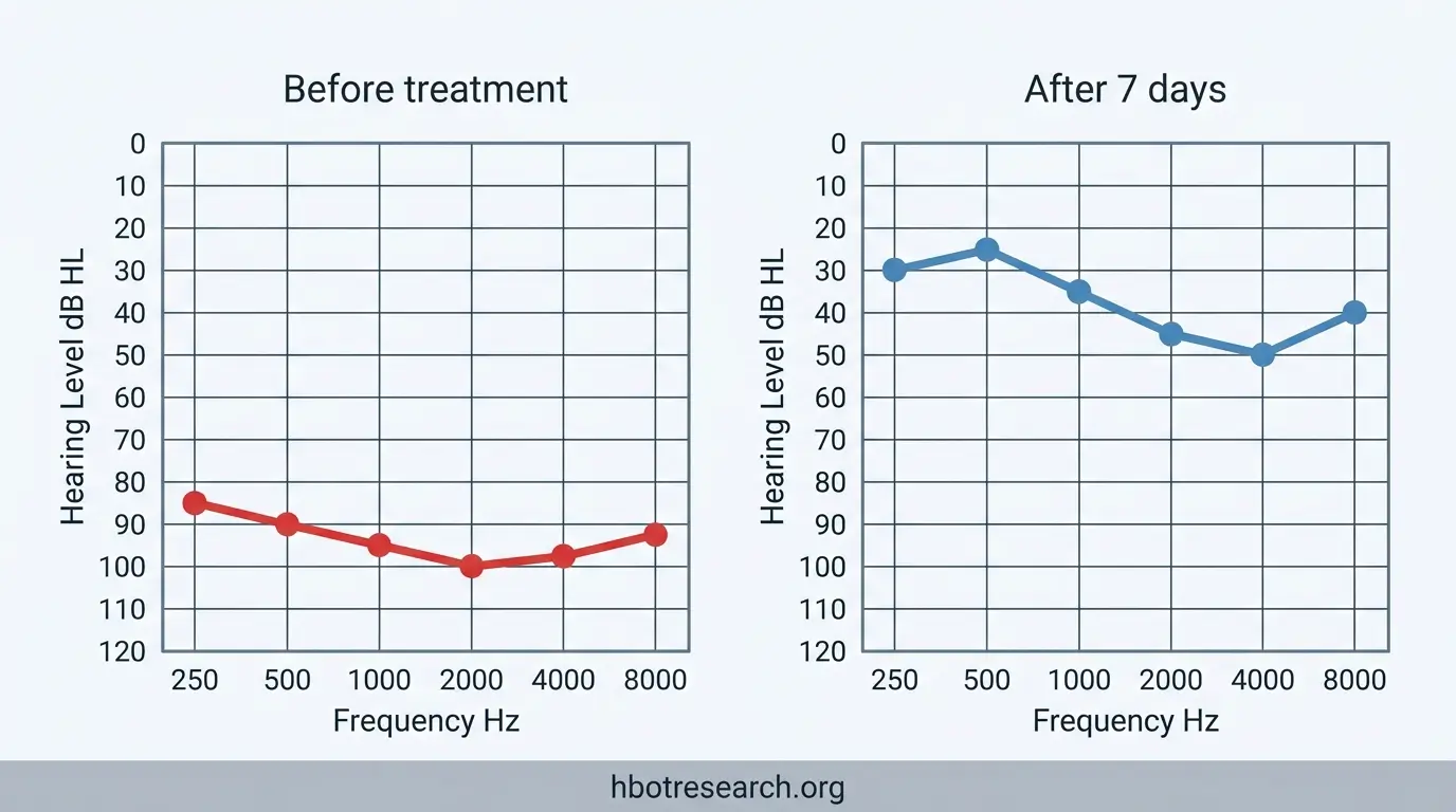 Audiogram comparison showing hearing thresholds improving from 80-100 dB HL to 25-50 dB HL after seven days.