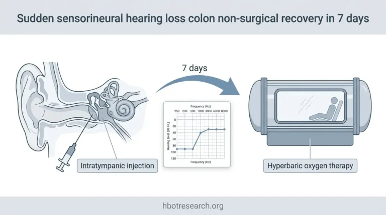 Infographic showing ear anatomy, intratympanic injection, hyperbaric chamber, and audiogram recovery over seven days.