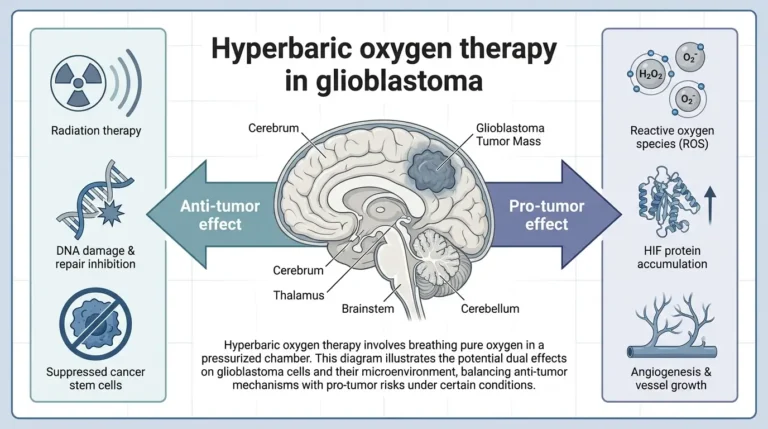 rain cross-section showing glioblastoma tumor with arrows splitting into anti-tumor and pro-tumor effects of hyperbaric oxygen