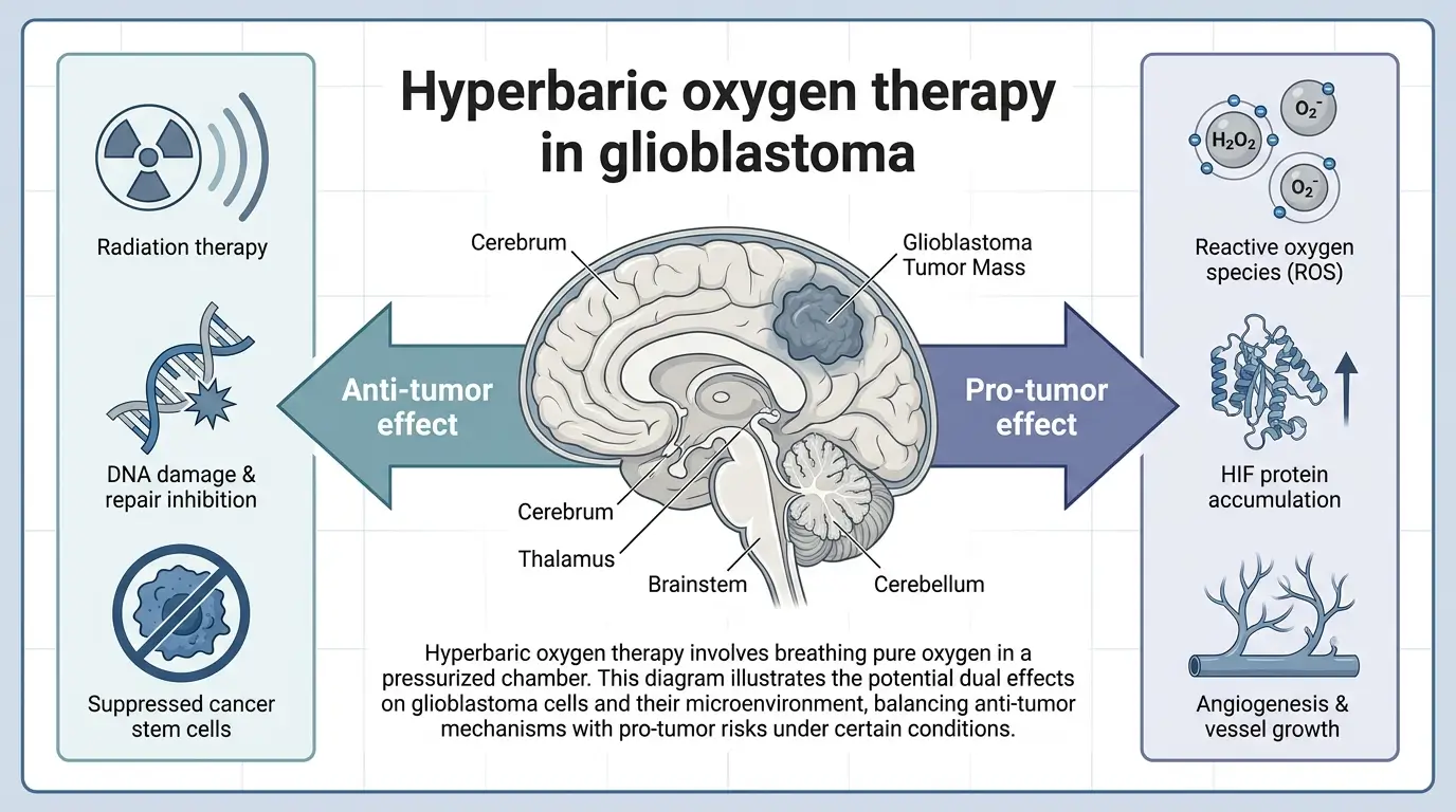 rain cross-section showing glioblastoma tumor with arrows splitting into anti-tumor and pro-tumor effects of hyperbaric oxygen