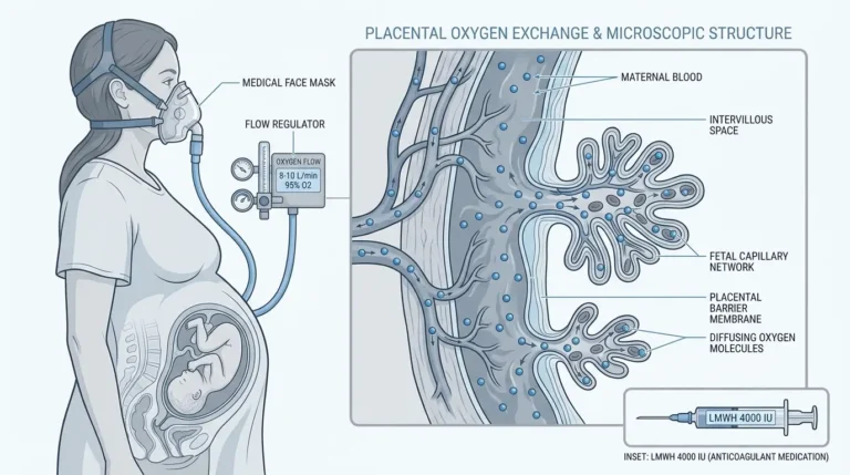 Illustration of pregnant patient on high-flow oxygen mask with placental cross-section showing oxygen diffusion.
