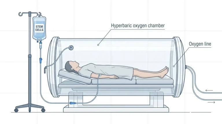 Cross-section illustration of a hyperbaric oxygen chamber beside a stem cell infusion bag