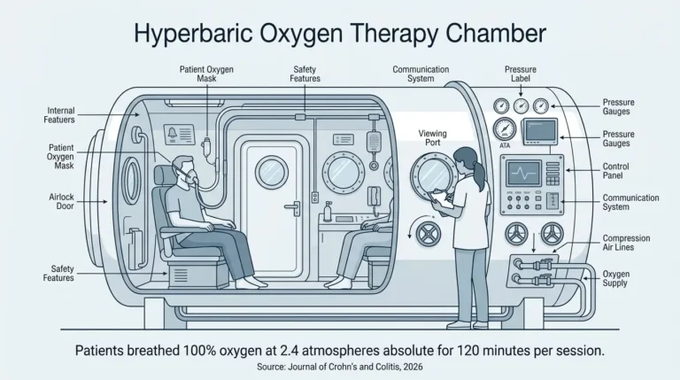 Patient receiving hyperbaric oxygen therapy inside a pressurized medical chamber.
